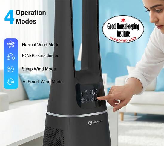 PureMate 2-in-1 Bladeless Tower Fan & Air Purifier (Matte Black) | 10-Speed Oscillating Cooling Fan with True HEPA Filter