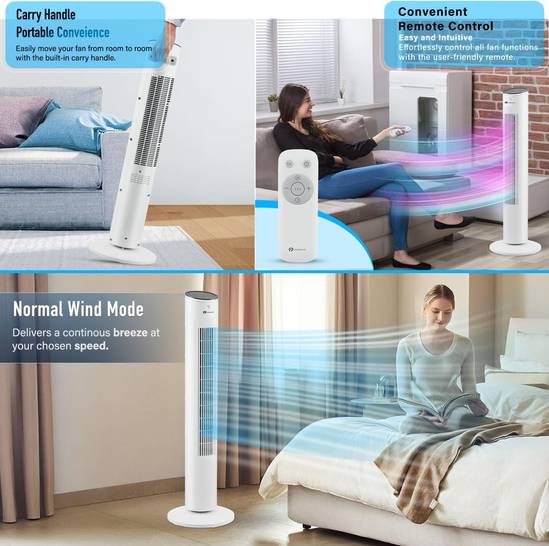 43-Inch Oscillating Tower Fan – White