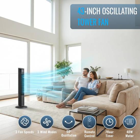 43-Inch Oscillating Tower Fan – Black