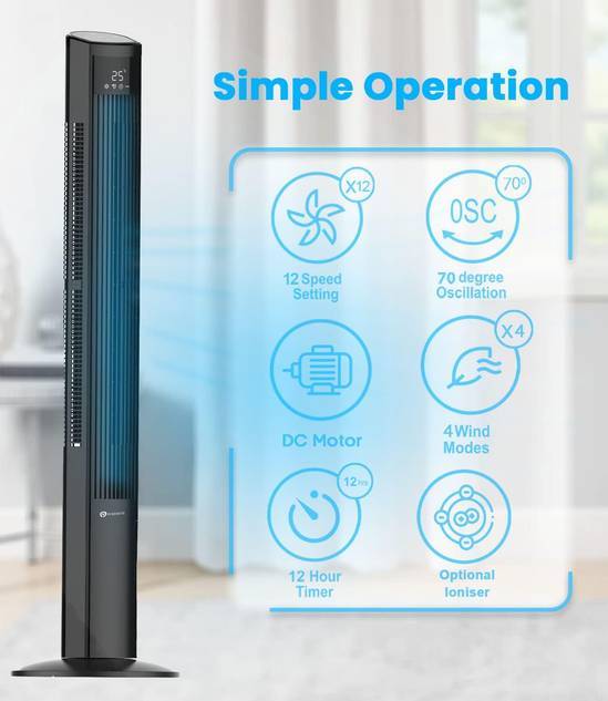 47-Inch DC Motor Tower Fan with Air Purifier, Oscillating Cooling Fan with 12 Speeds & SLEEP Mode