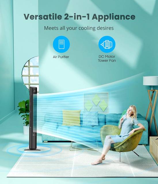 47-Inch DC Motor Tower Fan with Air Purifier, Oscillating Cooling Fan with 12 Speeds & SLEEP Mode