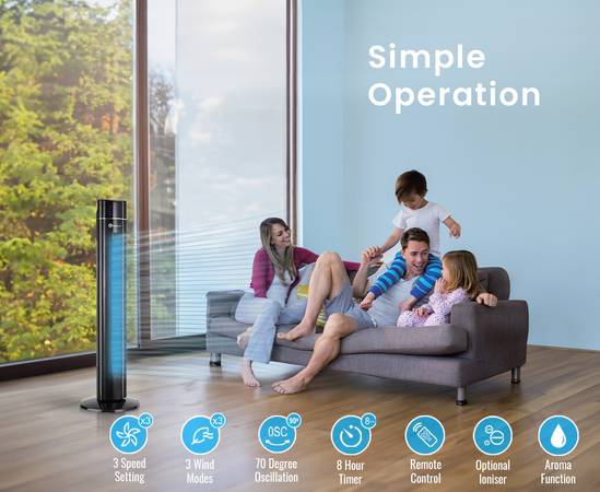 PureMate 43-inch Tower Fan with Air Purifier & Aroma Function, 3 Speed Settings, Large LED Display, 8-Hour Timer, Oscillating Portable Electric Floor Bladeless Fan for Bedroom, Home & Office