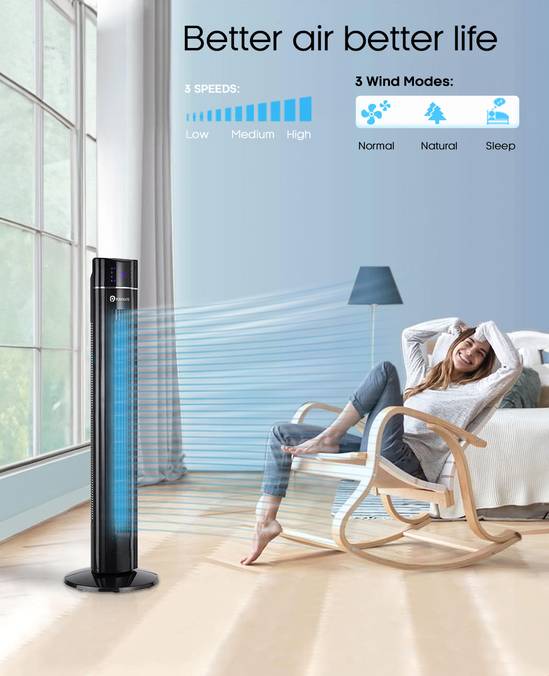 PureMate 43-inch Tower Fan with Air Purifier & Aroma Function, 3 Speed Settings, Large LED Display, 8-Hour Timer, Oscillating Portable Electric Floor Bladeless Fan for Bedroom, Home & Office