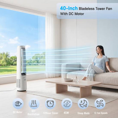 40" Bladeless Tower Fan with Energy-Saving 45W DC Motor
