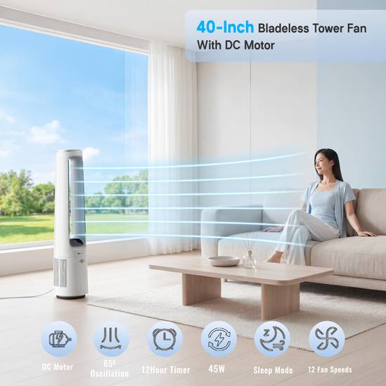 40" Bladeless Tower Fan with Energy-Saving 45W DC Motor