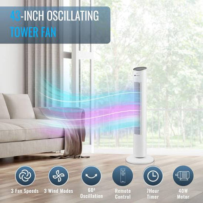 43-Inch Oscillating Tower Fan – White
