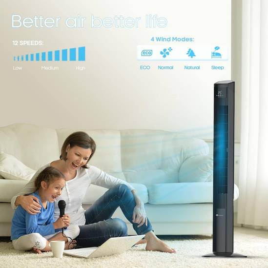 47-Inch DC Motor Tower Fan with Air Purifier, Oscillating Cooling Fan with 12 Speeds & SLEEP Mode