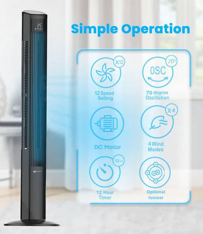 47-Inch DC Motor Tower Fan with Air Purifier, Oscillating Cooling Fan with 12 Speeds & SLEEP Mode